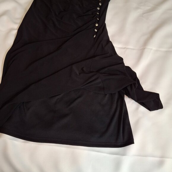 Slimming Black Cocktail Dress 14P Button Detail Deep Cowl Neck Drape MatteJersey - Picture 12 of 14